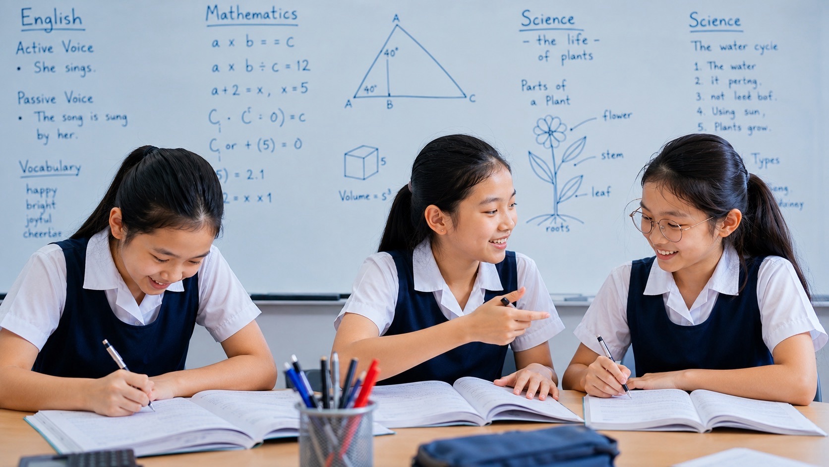 Three primary students in matching blue pinafores work together over open books at a classroom table, with colourful stationery and lesson notes on a whiteboard.