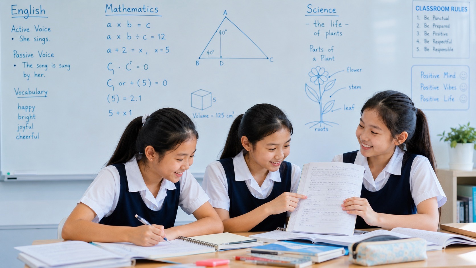 Three primary students in blue pinafores review a worksheet held upright at a classroom table, with open books, stationery and a whiteboard of lesson notes around them.