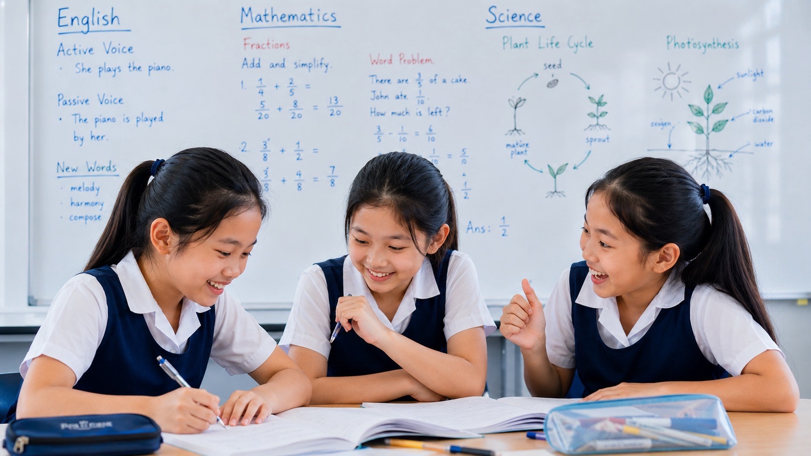 Three primary students sit around open books at a classroom table while one gives a thumbs-up, with stationery and a whiteboard of lesson notes nearby.