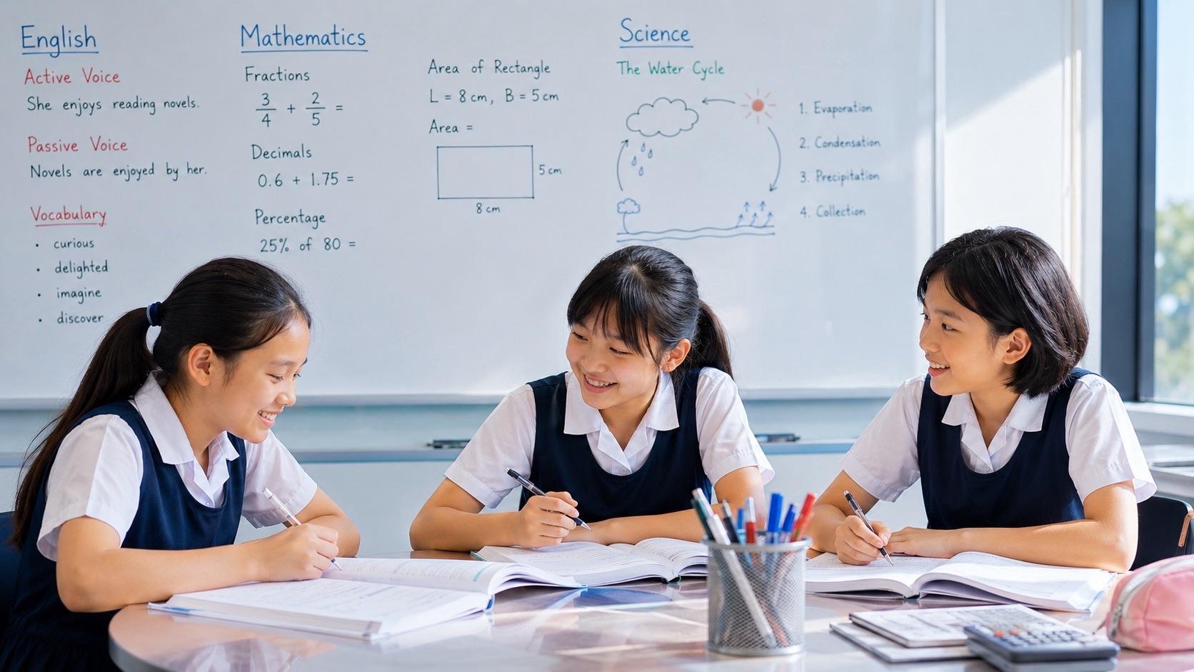 Three primary students in matching blue pinafores work together over open books at a classroom table, with colourful stationery and lesson notes on a whiteboard.