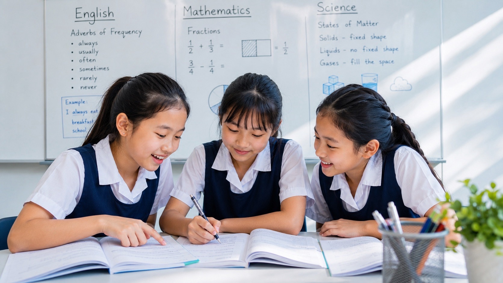 Three primary students in matching blue pinafores work together over open books at a classroom table, with colourful stationery and lesson notes on a whiteboard.