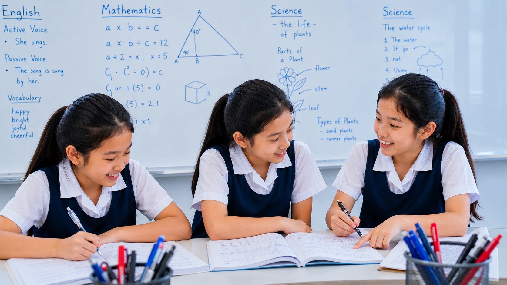 Three primary students in matching blue pinafores work together over open books at a classroom table, with colourful stationery and lesson notes on a whiteboard.