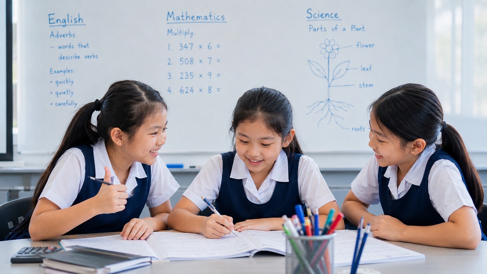 Three primary students sit around open books at a classroom table while one gives a thumbs-up, with stationery and a whiteboard of lesson notes nearby.