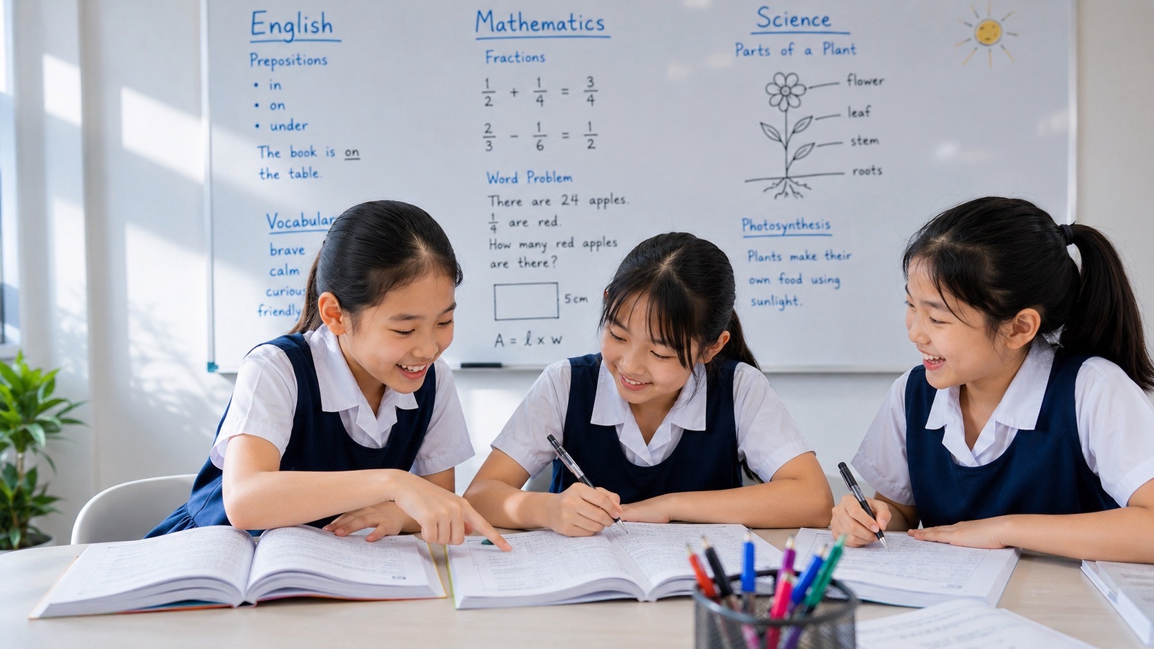 Three primary students in matching blue pinafores work together over open books at a classroom table, with colourful stationery and lesson notes on a whiteboard.