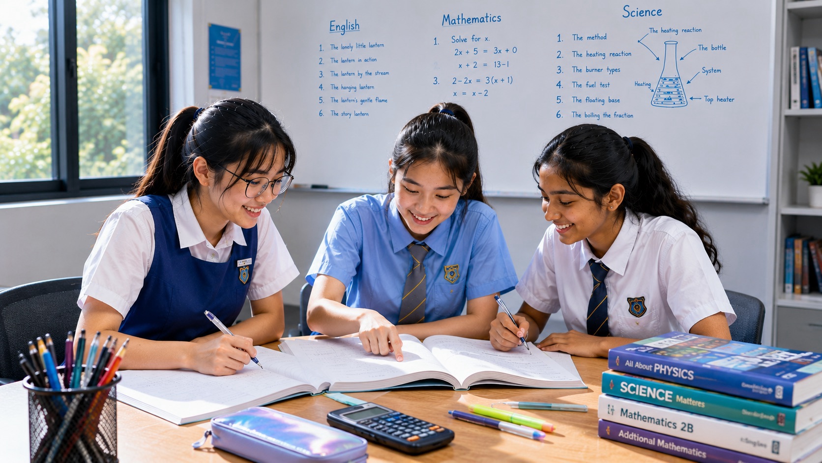 Three learners review open books together at a classroom table, with stacks of textbooks, stationery and a whiteboard in the bright room.