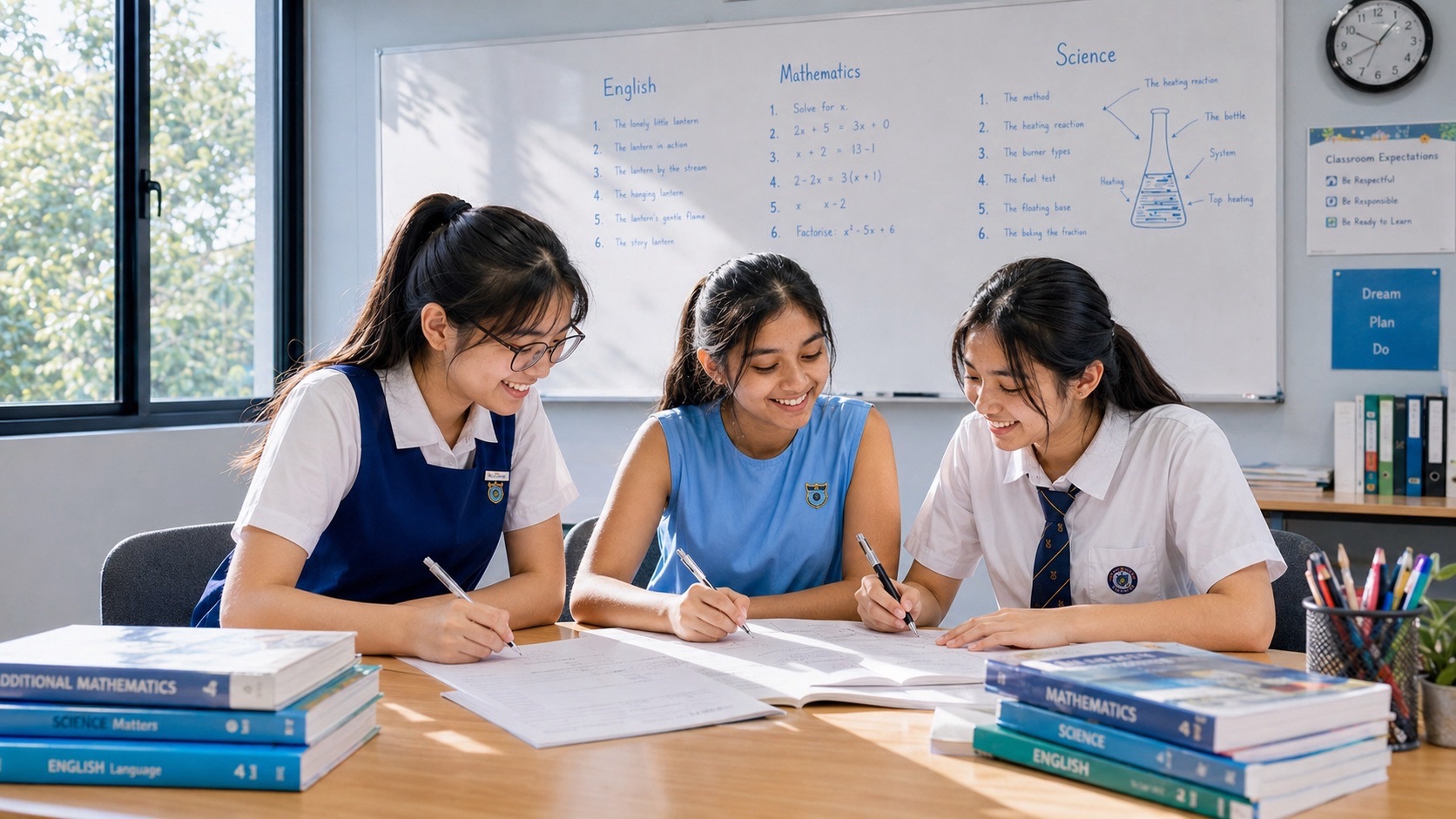 Three learners review open books together at a classroom table, with stacks of textbooks, stationery and a whiteboard in the bright room.