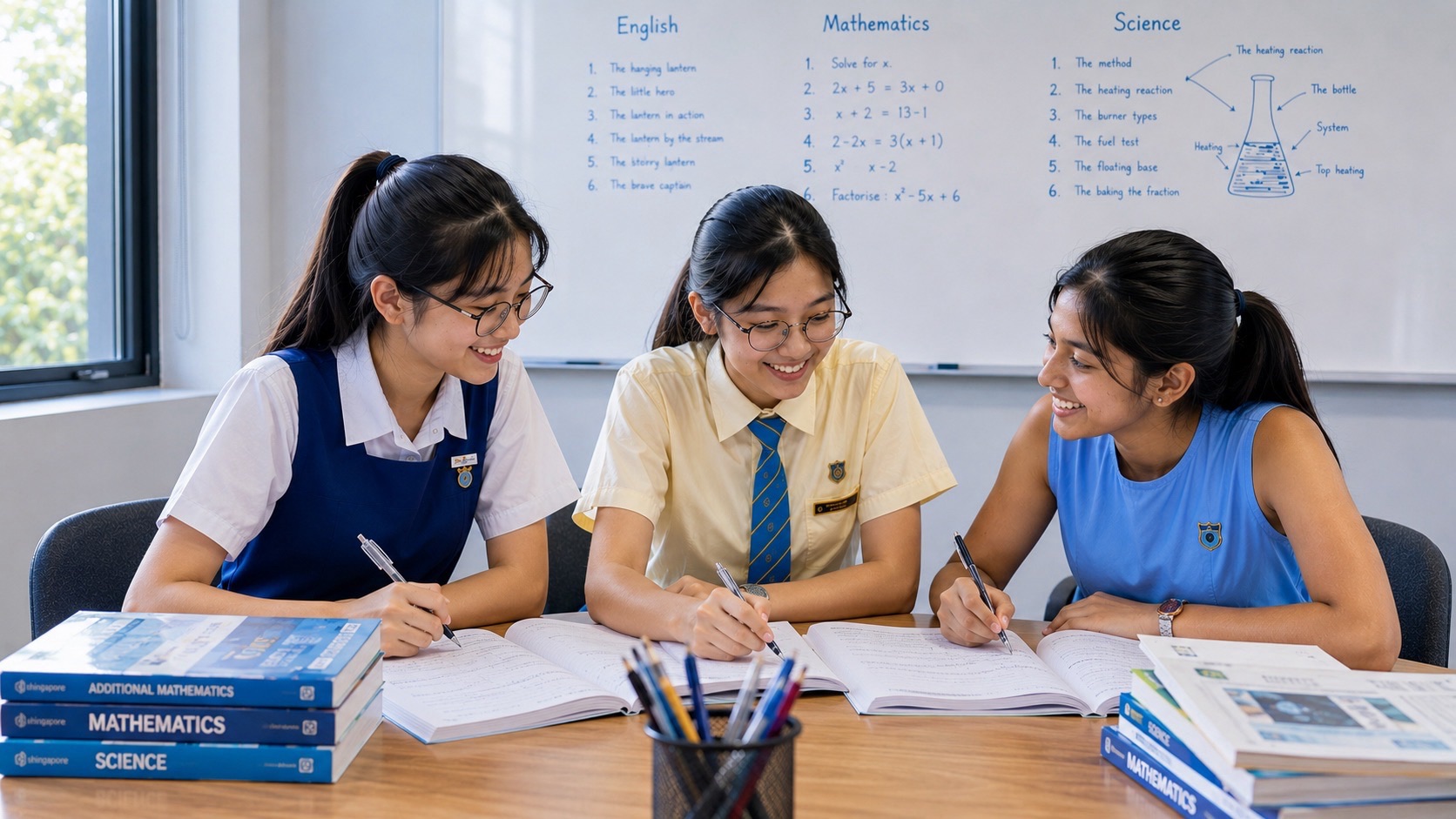 Three learners review open books together at a classroom table, with stacks of textbooks, stationery and a whiteboard in the bright room.