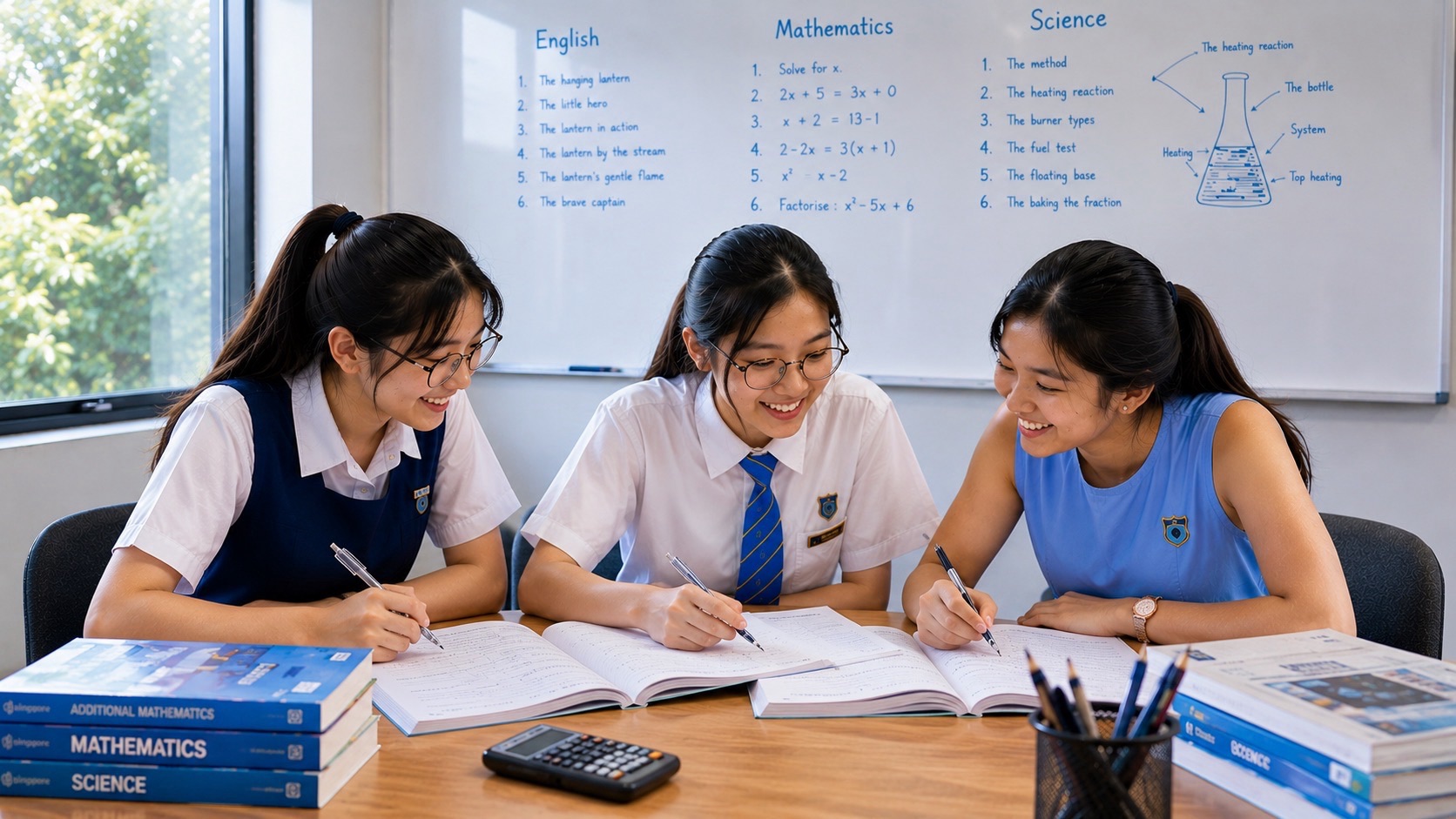 Three learners review open books together at a classroom table, with stacks of textbooks, stationery and a whiteboard in the bright room.